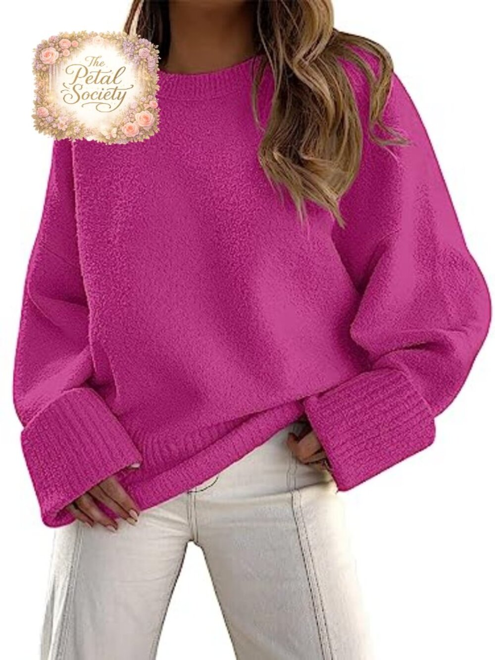 Oversized Cozy Knit Fuzzy Pullover Sweater Ribbed Cuffed Fall Winter Warm